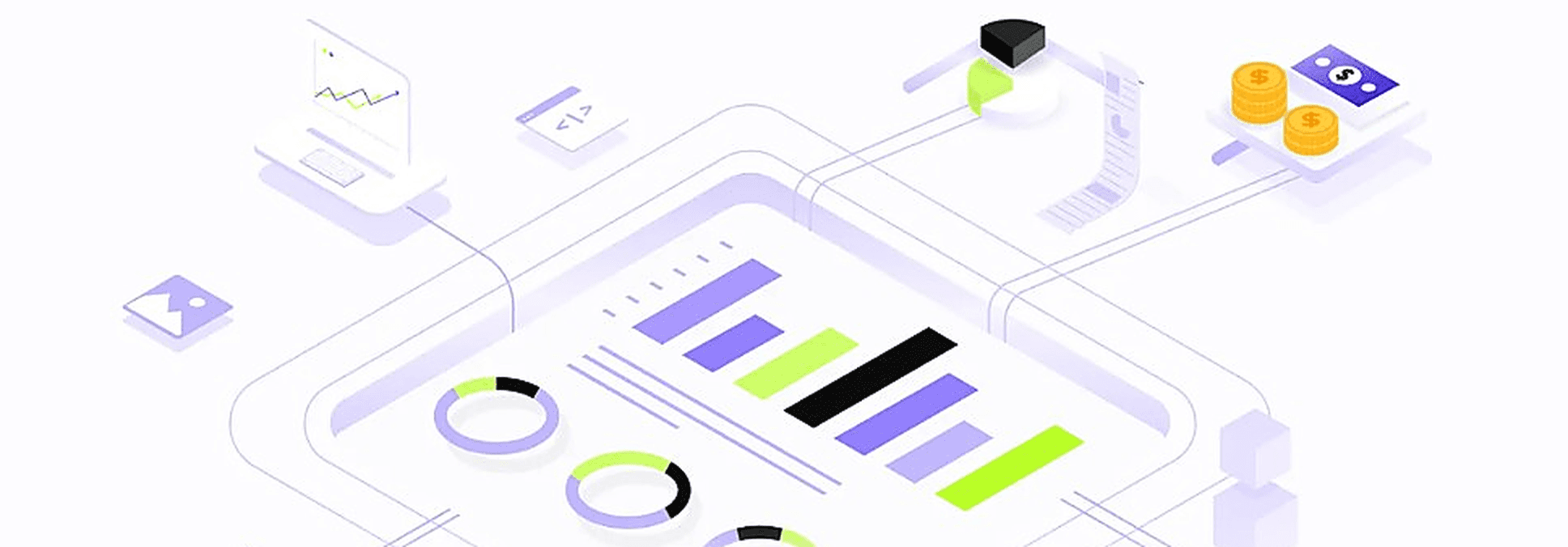 Isometric visualization of Objectways data intelligence — dashboards, annotation tools, and connected data flows